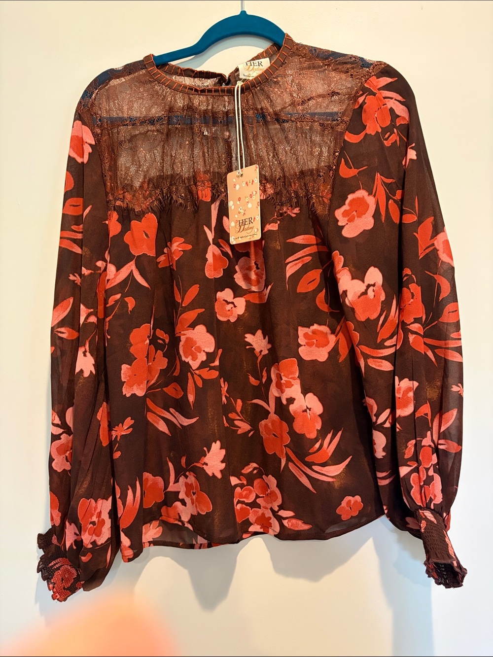 Brown Floral Sheer Yoke Blouse with Coral Pink Blossoms